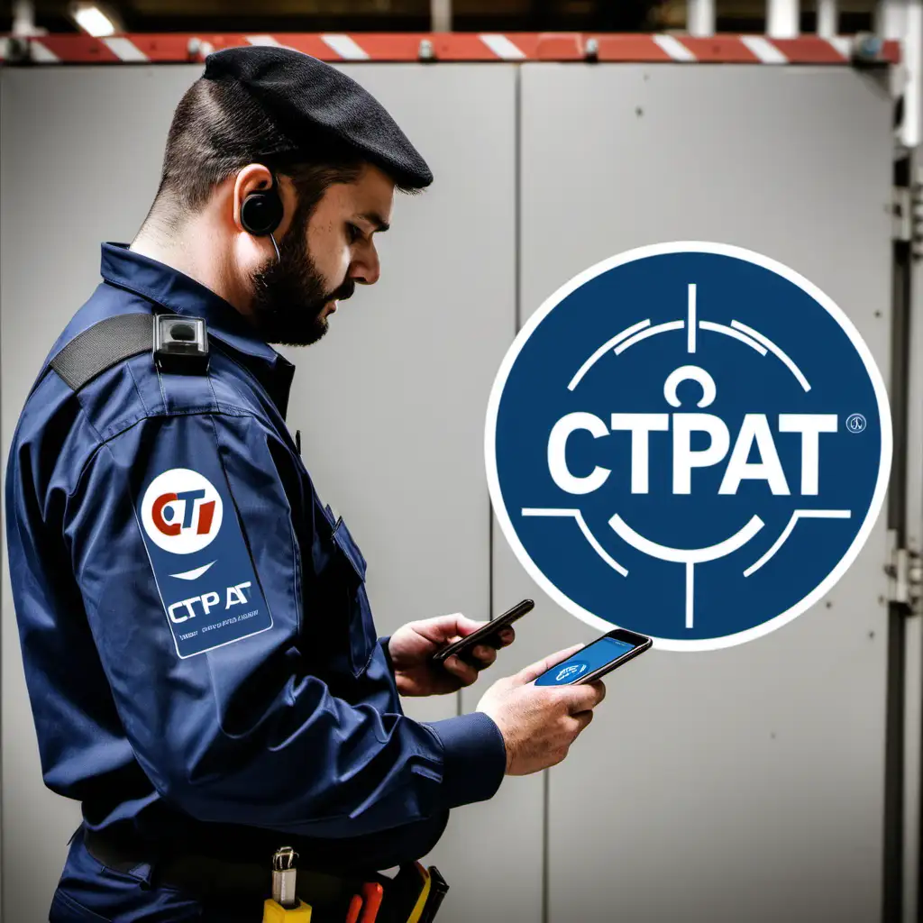 Imagen de un guardia de seguridad utilizando una app movil en una instalación industrial con el logo de CTPAT en el fondo.