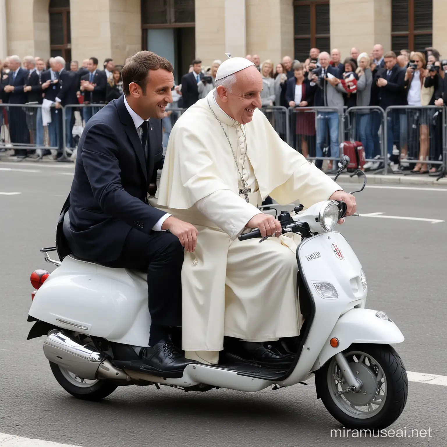 pape en mobylette avec Emmanuel Macron sur le porte-bagage