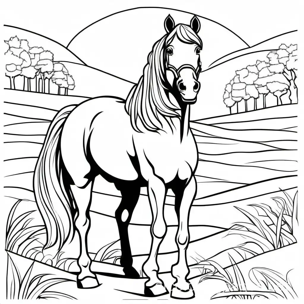 Horse, Coloring Page, black and white, line art, white background, Simplicity, Ample White Space. The background of the coloring page is plain white to make it easy for young children to color within the lines. The outlines of all the subjects are easy to distinguish, making it simple for kids to color without too much difficulty