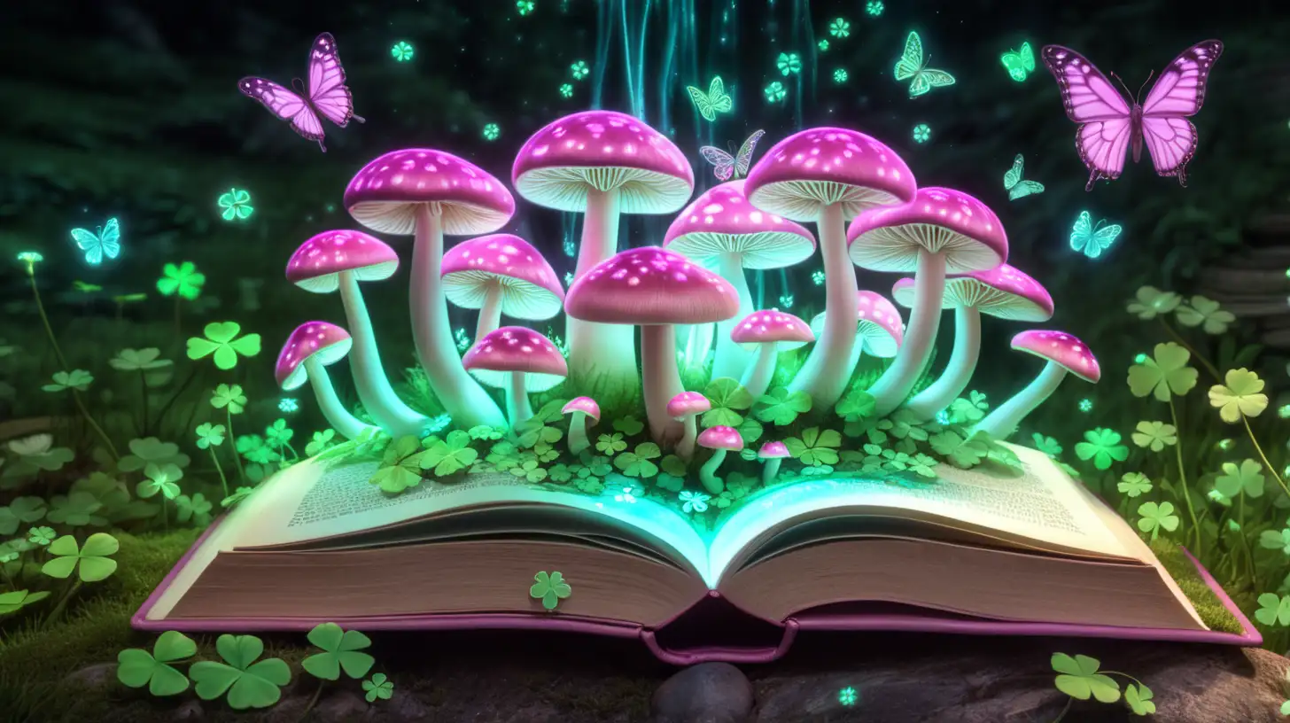 magical book-glowing with pastel pink-glowing-mushrooms-green-shamrocks growing out of it, fairytale-magical shamrock trees and a magical stream with butterflies