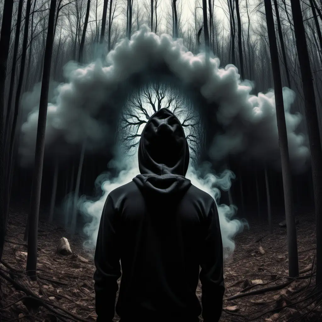 a skinny man with a black hoodie over his head, out in a forest, smoked room, seeing from behind, hallucinogen, silhouette of the person, the walls are melting, hallucinogenic, trance, brain, chemical, highly detailed, stunning visuals, ultra-realistic, eyes are staring from the walls, surreal, hallucinations, trippy, super realistic, photo realistic