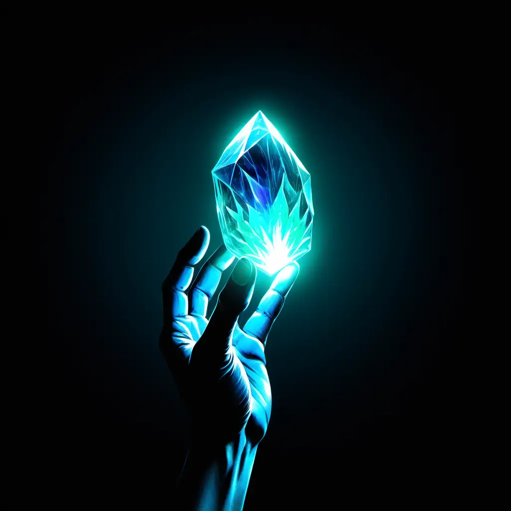 Mysterious Hand Reaching for Glowing BlueGreen Crystal in Darkness