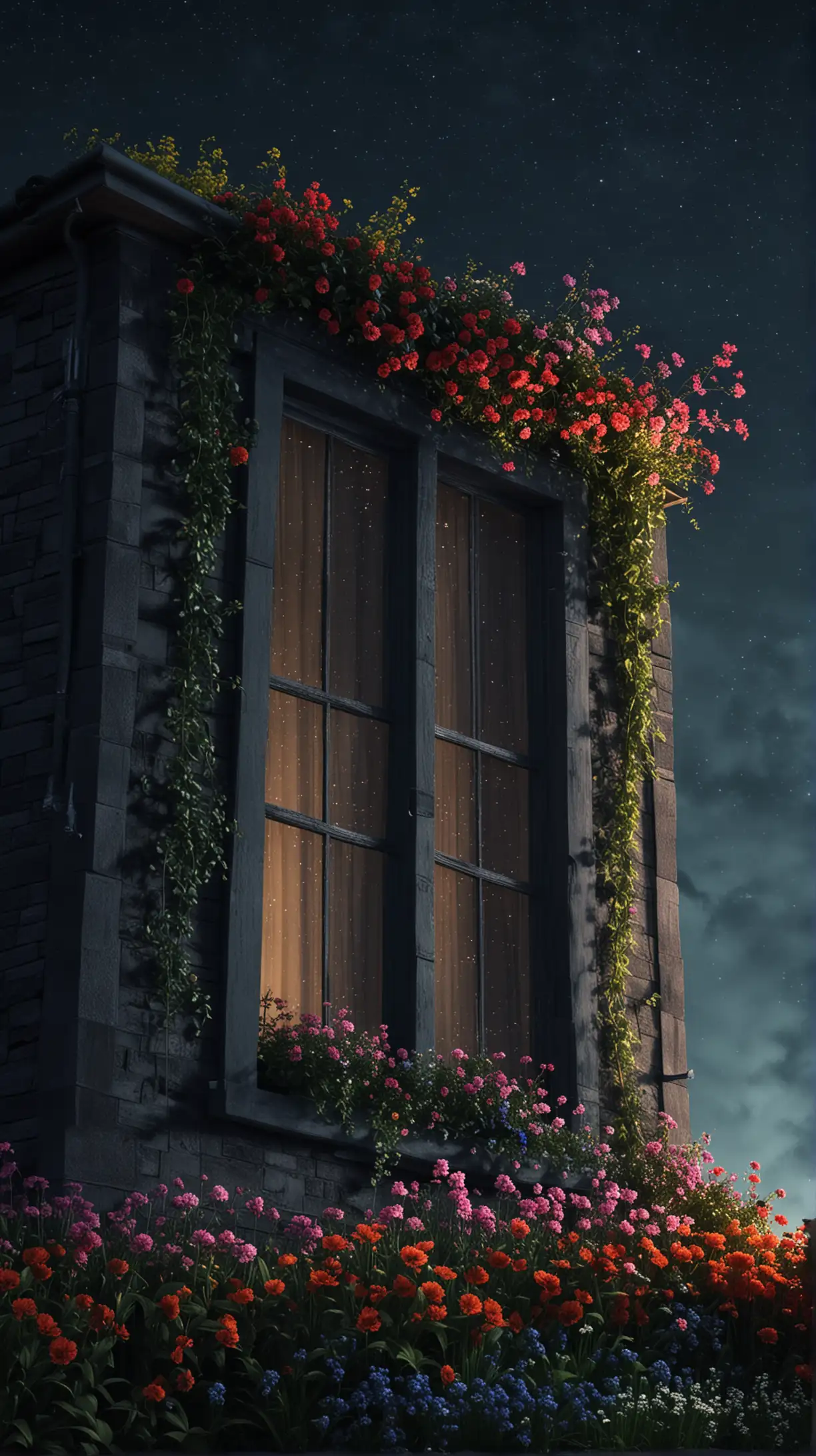 View from ground to up the sky of a dark countryside house with wide window at dark night, vibrant flowers messy garden. 3D render