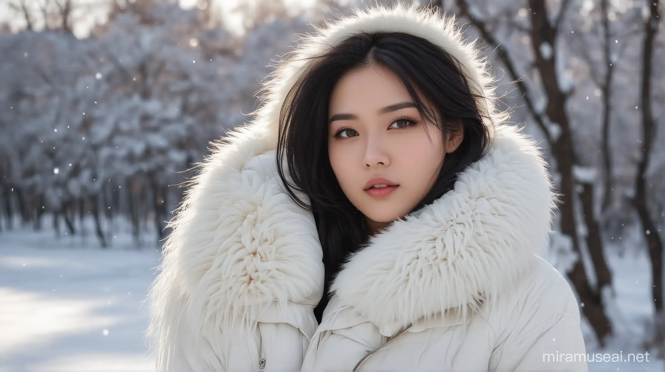 Elegant Woman in Snowy Oriental Setting with FurLined Jacket