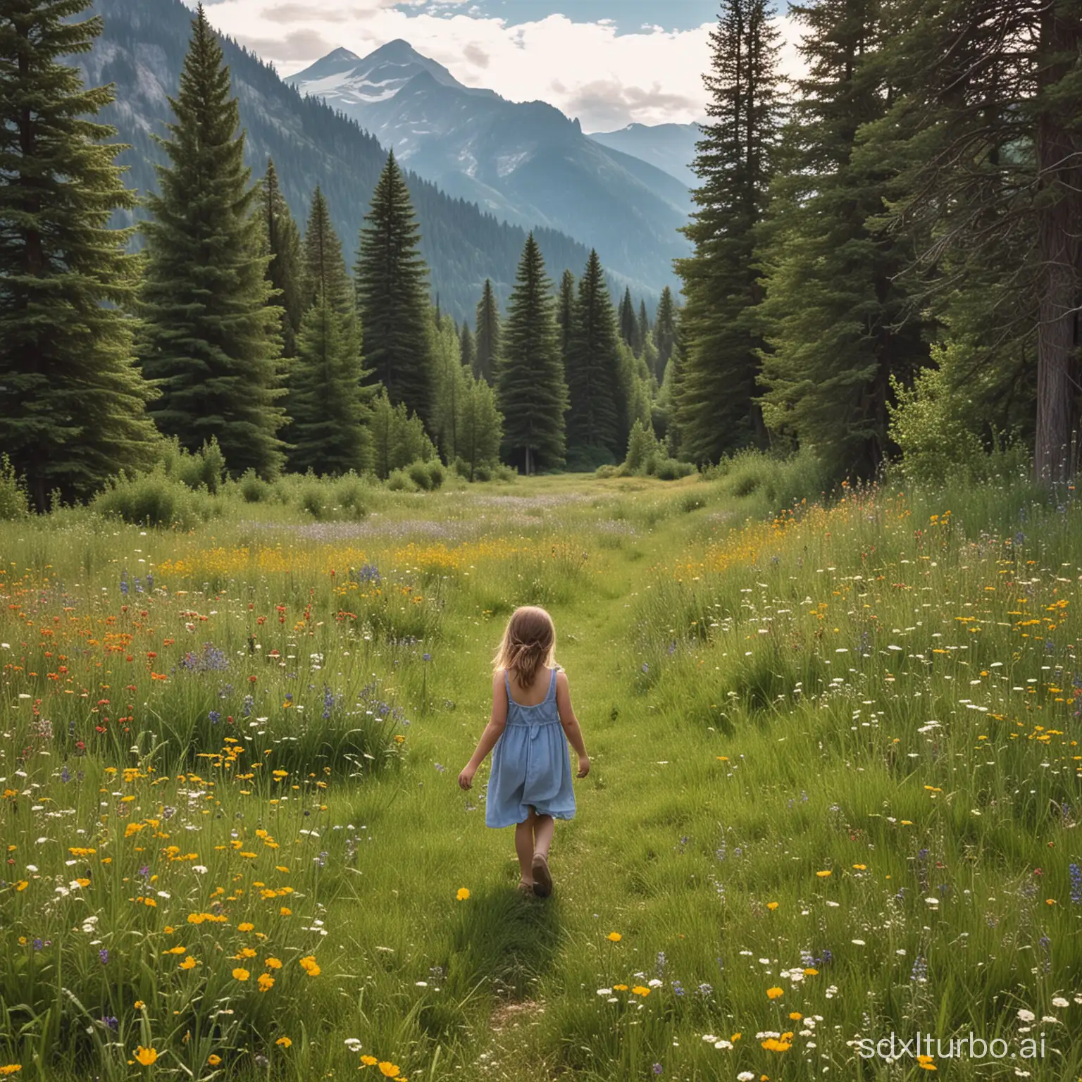 The pretty little girl walks on the grass, surrounded by wildflowers, with mountains in the distance and big trees behind.