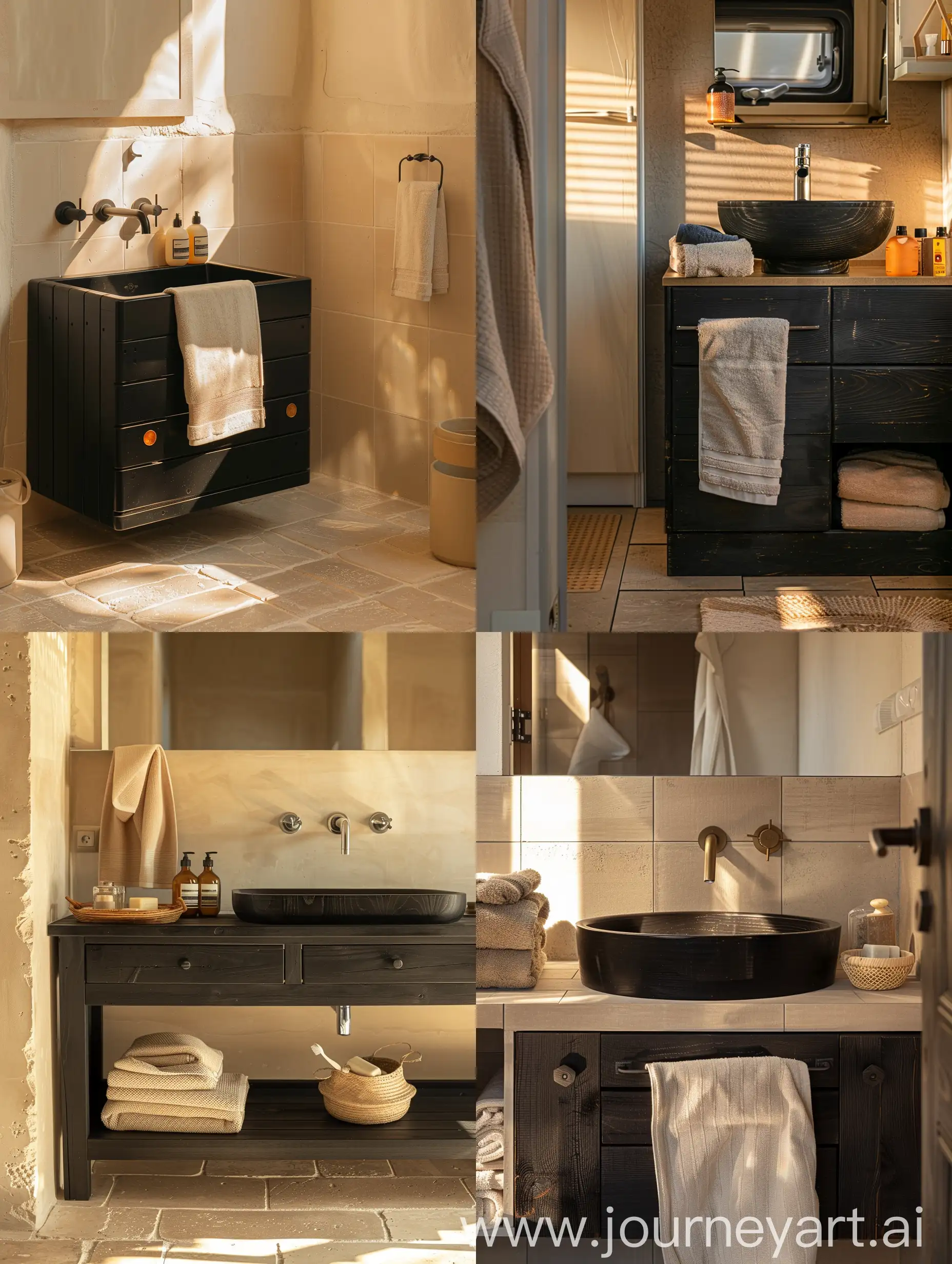dettaglio di un bagno mobile del lavandino legno nero, pavimento gres, accessori beige vista frontale, luce del mattino
