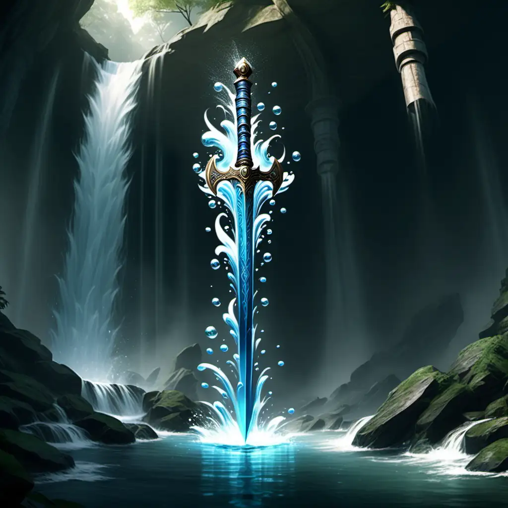 Elemental Water Themed Great Sword Concept Art with Waterfall Bubbles