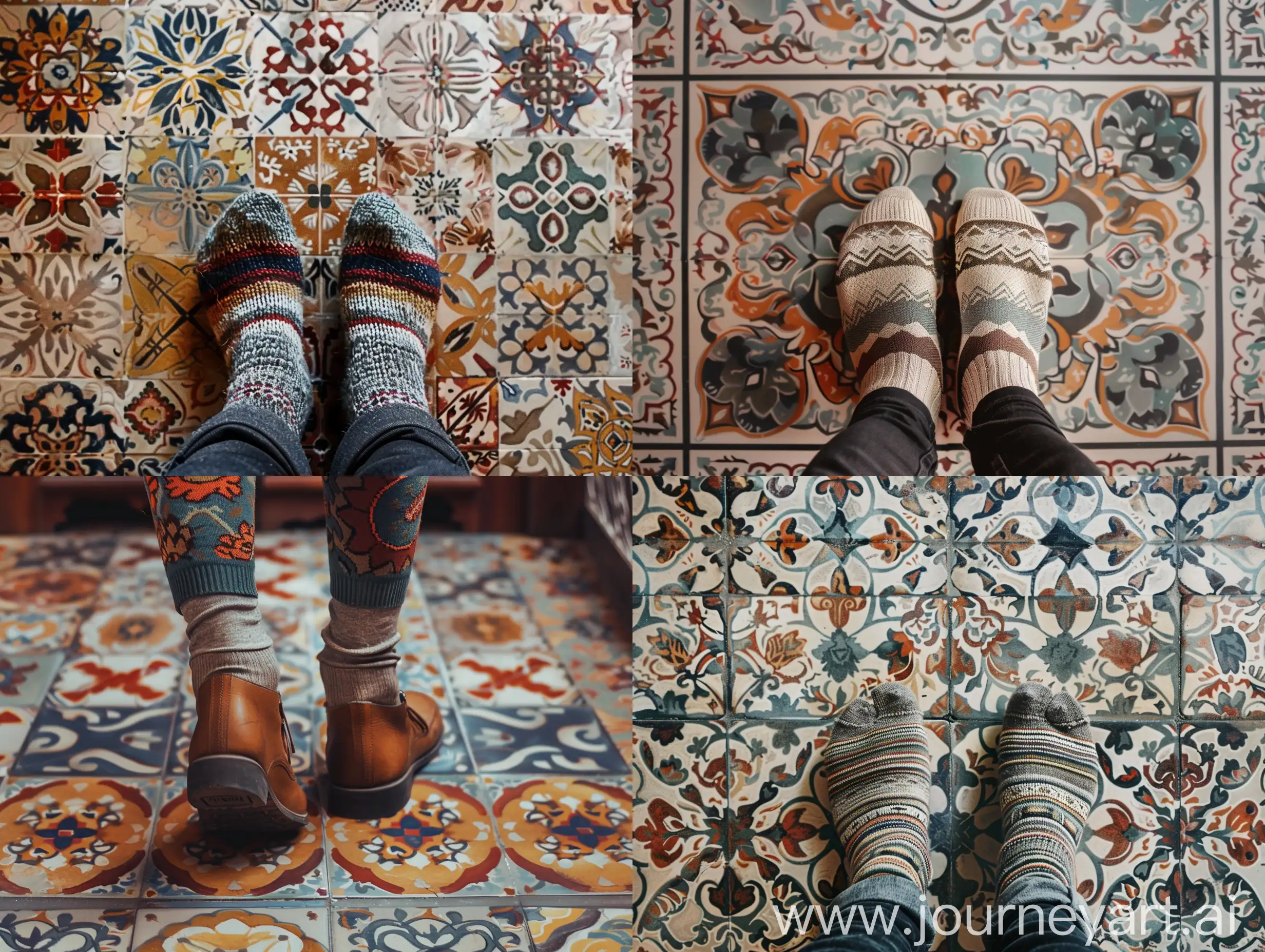 A photo of your feet walking on a patterned floor, with only socks visible.