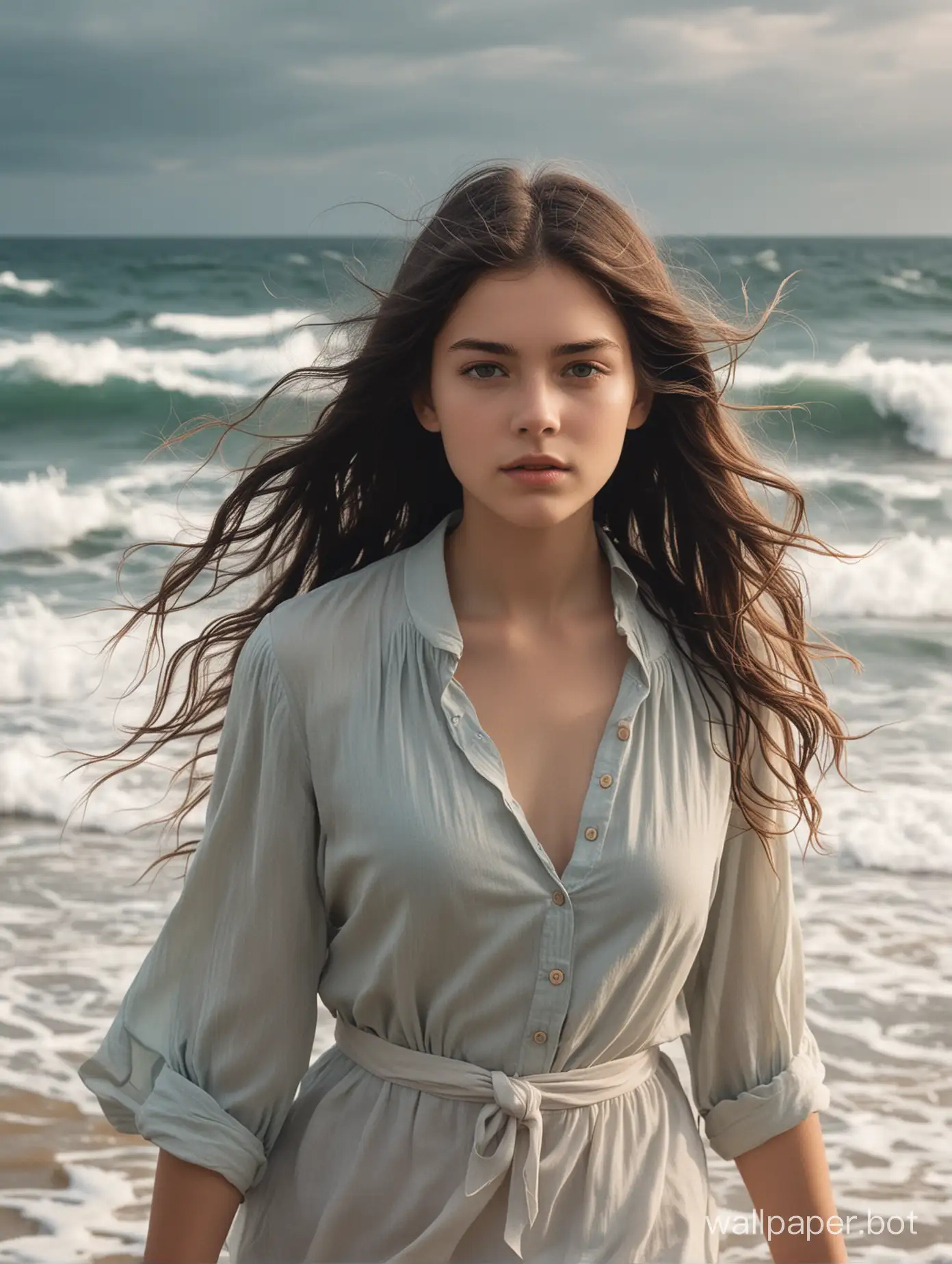 The cover of the book "Swallow" depicts a 19-year-old girl with long dark hair. She's standing on the edge of the ocean, the waves crashing on the shore and the wind blowing through her hair. Her eyes are full of determination and strength, but at the same time they reflect tenderness and vulnerability. The girl is dressed in simple but stylish clothes, which emphasizes her independence and courage. The background of the cover can be in soft pastel colors to create an atmosphere of tenderness and mystery.