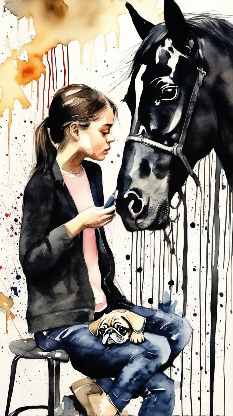 A slim teenage girl dreams of being a Hollywood star but she is in the stable with her beautiful black pony, she also has a little dog, the most adorable pug puppy, watercolors, modern art, Jackson pollok style 