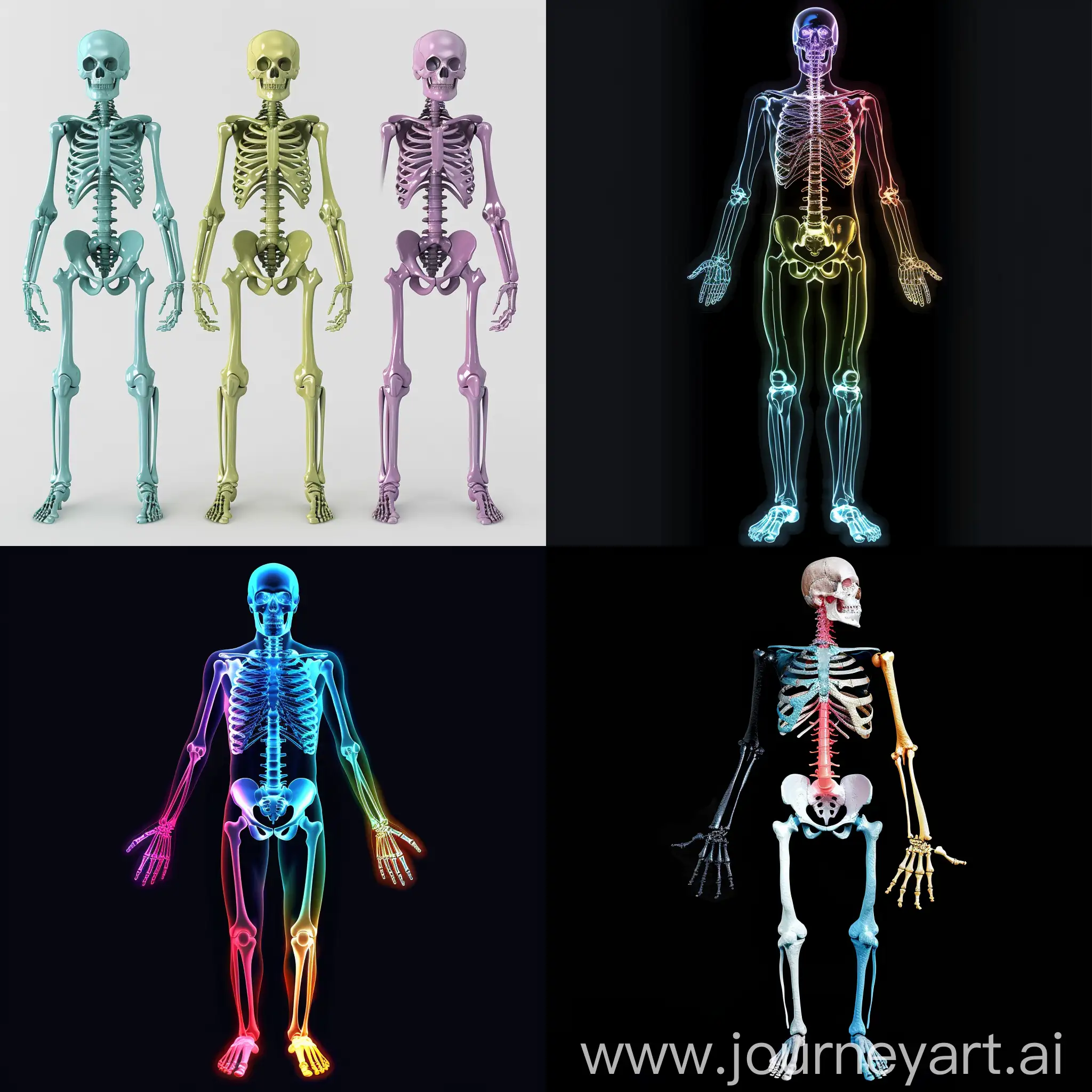 create 3D image of a human skeleton with each bone in pair is represented in a specific colour