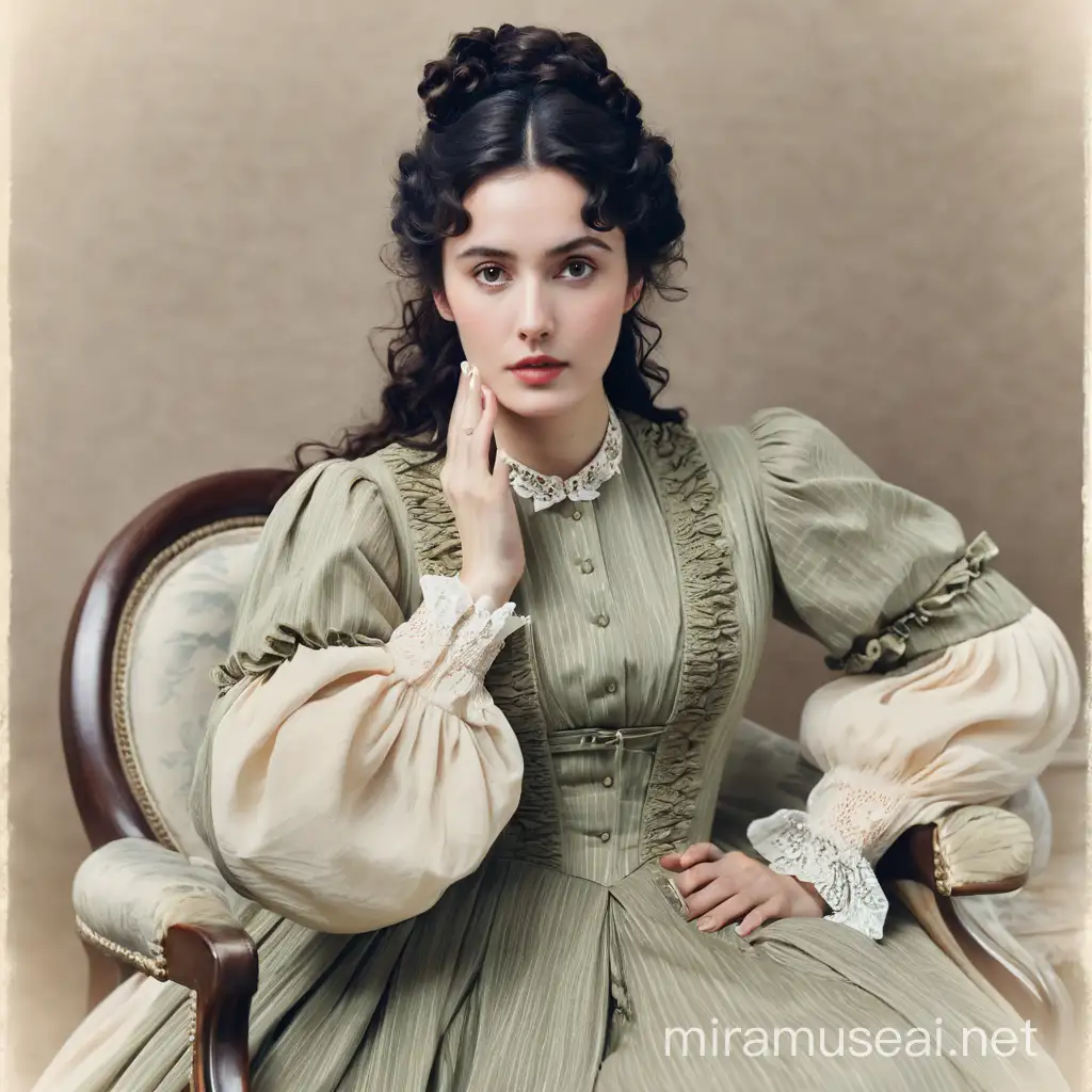 A woman with an elongated face, dark curled hair, gathered in a neat 19th century hairstyle. She has a long nose, large dark eyes, and narrow lips. She is dressed in a lush 19th century style dress. She sits with her hand on her head and looks at someone with a loving gaze. We see her in full height, with arms and legs. In 3d animation style.