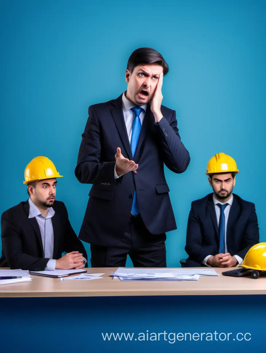 Concerned-Manager-Struggling-Amidst-Incompetent-Workers-on-Blue-Background