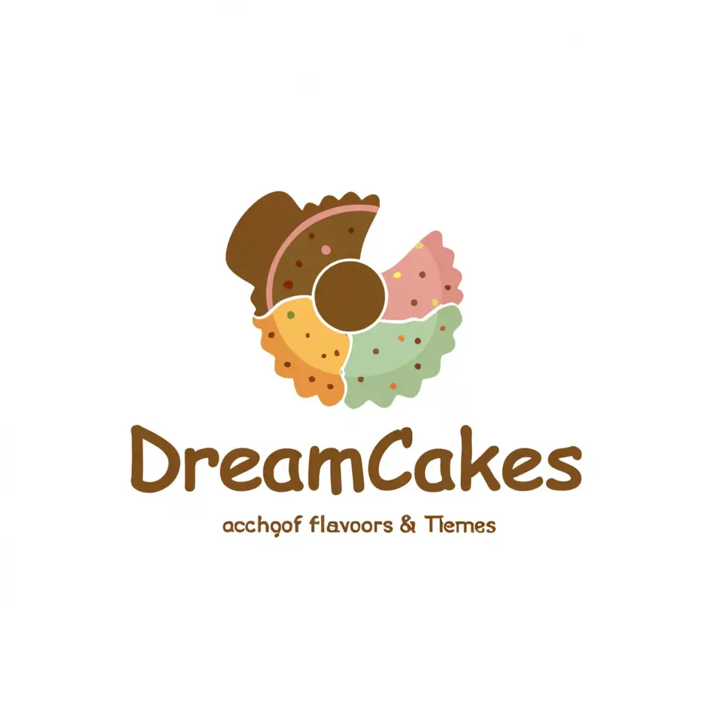 a logo design,with the text "Dreamcake", main symbol:The face of DreamCakes is a small round dessert topped with a lickable glaze. The color of the glaze can vary from pastel colors to bolder colors depending on the flavor and theme of each cake.

By slicing each slice of DreamCakes, you will see unique layers of different flavors and textures. It could be a layer of soft pandan dessert, accompanied by a creamy custard filling, and a little salty egg yolk on top. Each bite is an experience of 'as if you are in heaven' because of the unique taste of flavors,Moderate,clear background