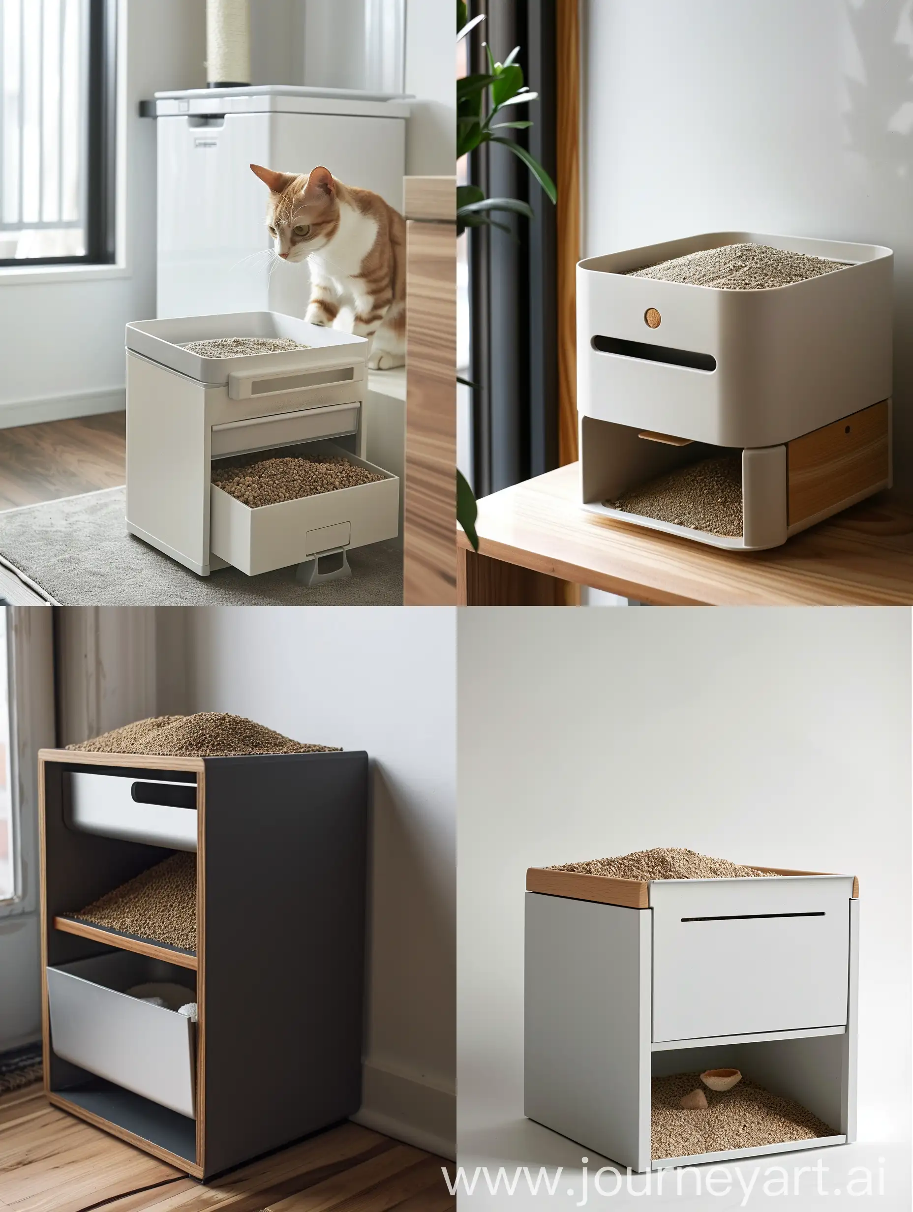 create sample cat litter design that has cat poop collection drawer on the bottom which tightly closed and clean litter on top