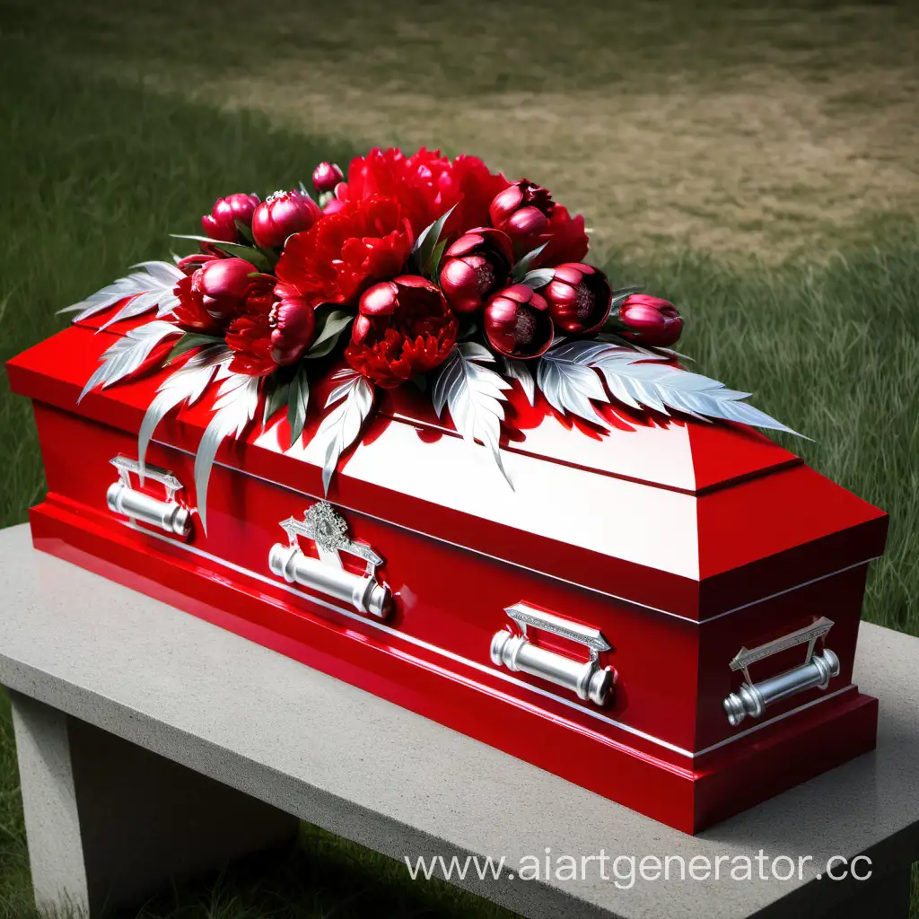 Elegant-Red-Coffin-with-Silver-Accents-and-Red-Peonies-Luxurious-Funeral-Arrangement