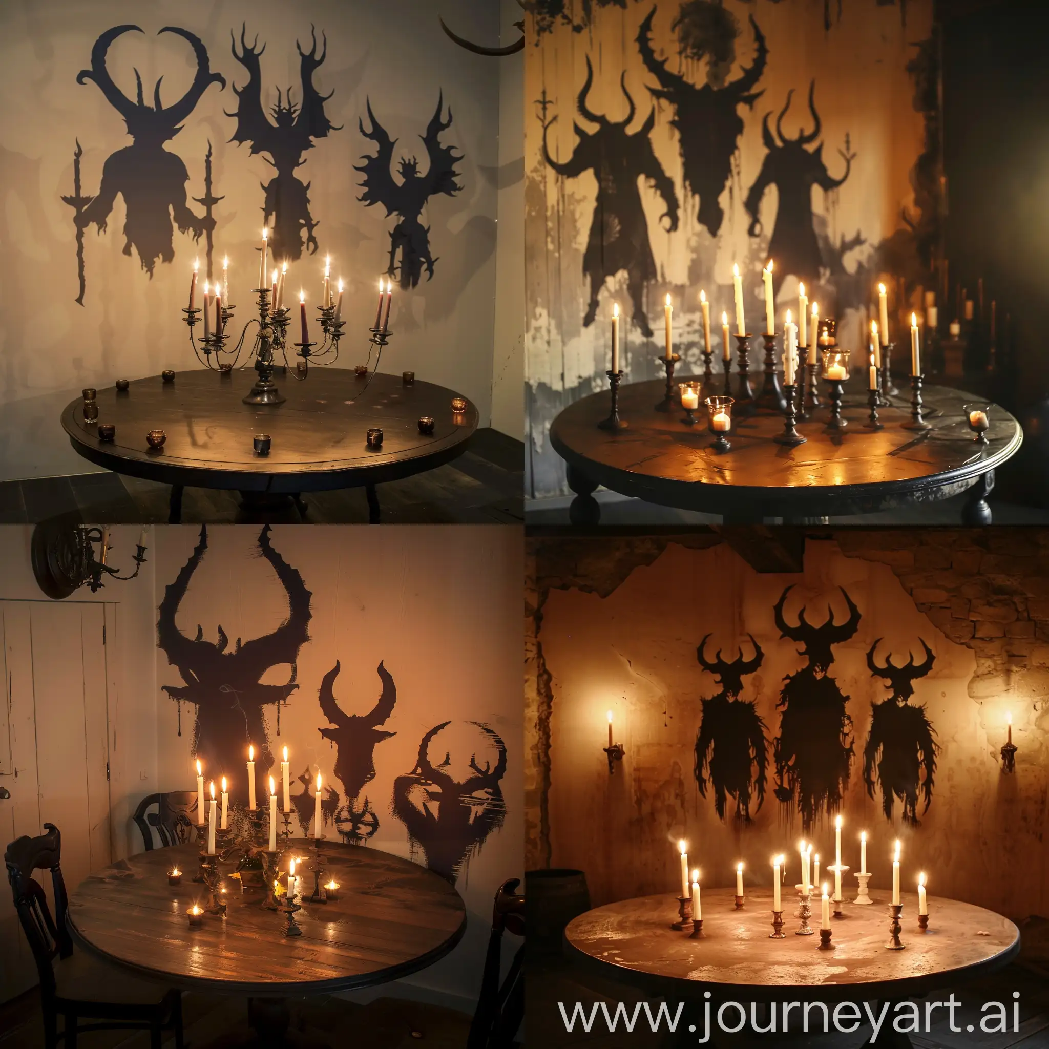 Круглый стол с горящими свечами, на стене за столом силуэты рогатых фигур