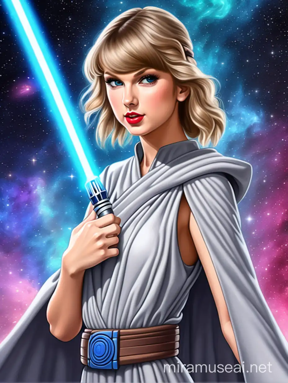 very colorful, cartoon style, Taylor Swift dressed as a Jedi knight, sci-fi galaxy background