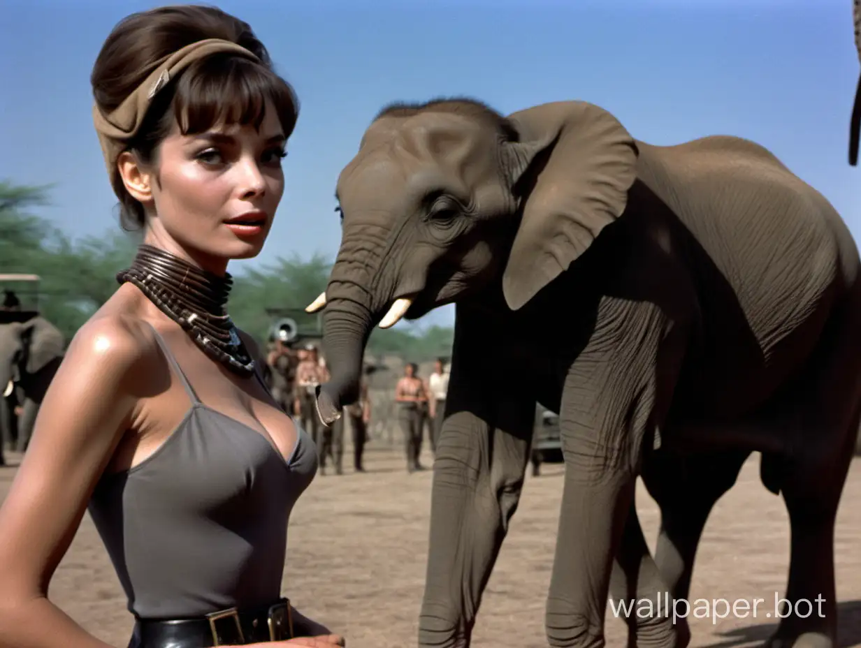 Elsa Martinelli as Italian photographer Dallas D'Alessandro in the movie Hatari. In the background is the Momella game compound. There is a baby elephant that has a closeness to Dallas. detailed features, sharp images.