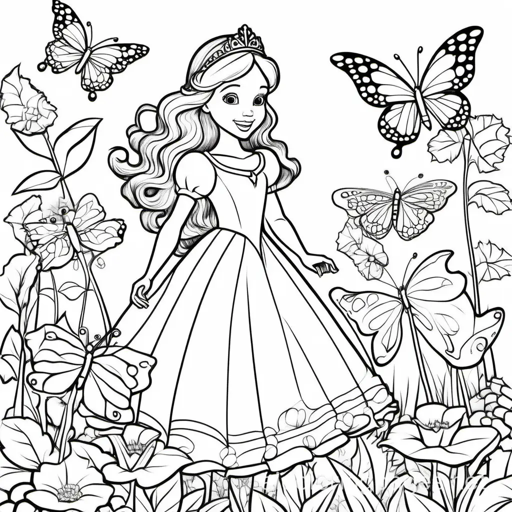 A princess playing in the garden with butterflys , Coloring Page, black and white, line art, white background, Simplicity, Ample White Space. The background of the coloring page is plain white to make it easy for young children to color within the lines. The outlines of all the subjects are easy to distinguish, making it simple for kids to color without too much difficulty
