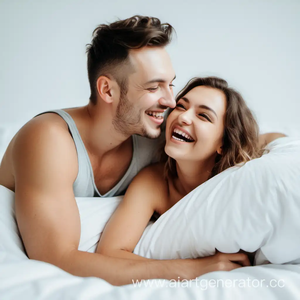 счастливая пара в постели на светлом фоне