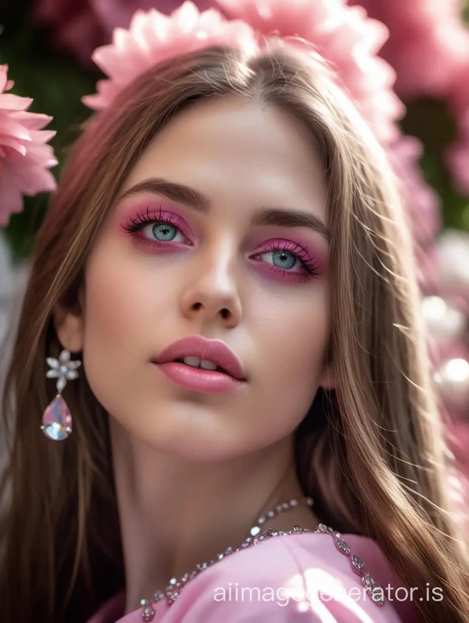 Summer girl, grace, close-up, full lips, expressive eyes, profile, pink clothing, diamonds, flowers, looking at the camera, very high detail, long hair, realistic, professional photo, 4k, high resolution, 1/250s, f/2.8, 30mm lens, ISO 100, soft lighting