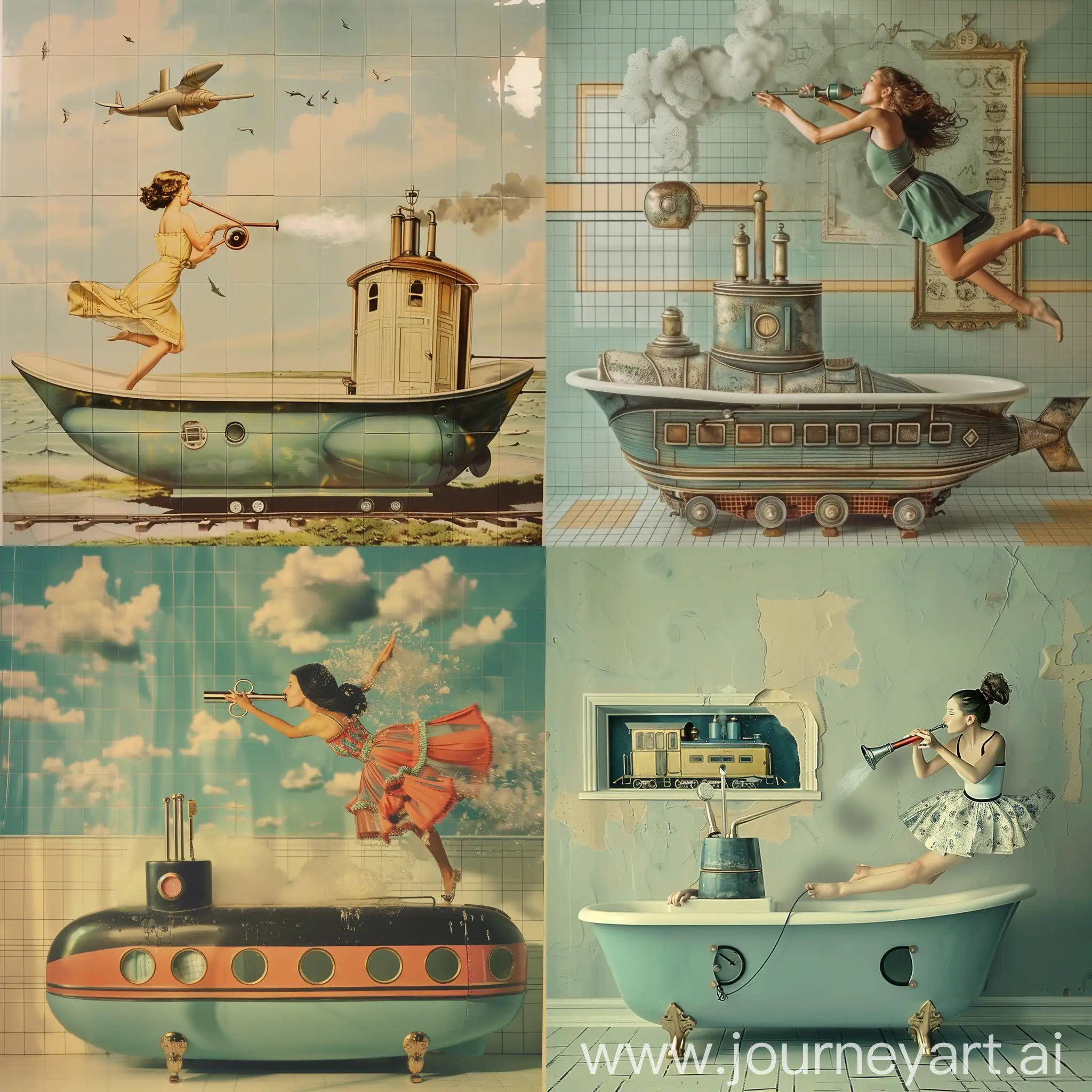 Bathtub themed with a vintage submarine with a lady diving out of it instead of in whilst blowing the train whistle