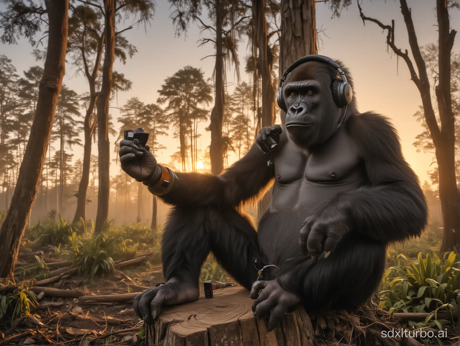 Portrait of a gorilla,sitting on a tree stump, holding a Walkman and wearing headphones. The sun is setting on the left side of the image . Cinematic light and wide angle lens.