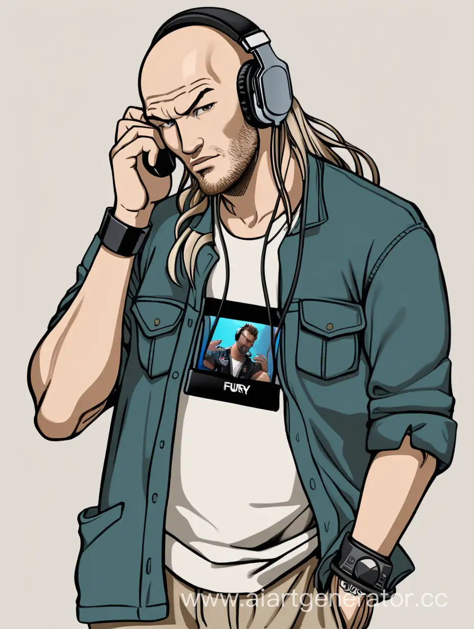 Fury-Standing-with-Phone-and-Headphones-in-Casual-Attire