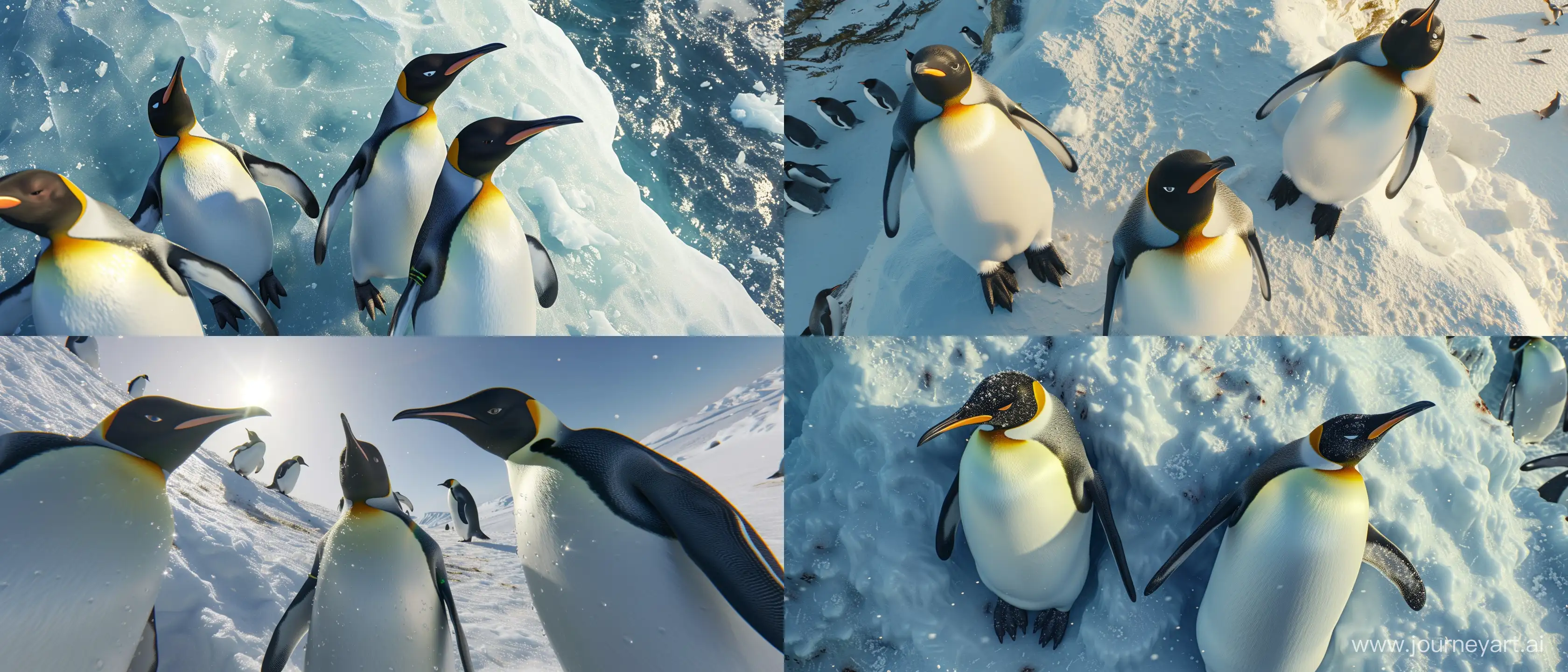 aerial view from top to bottom seeing the top or top of penguins in Antarctica; sunny day; using all the graphic, lighting, design and scenery techniques of the most hyper-realistic and current animations of the last generation; Ray tracing at an absurd level; 32k; better CGI; advanced lighting techniques; cinematic style; all parts of the image must be in the highest possible quality, 32k; --ar 21:9 --v 6.0