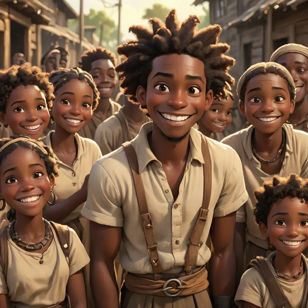 cartoon style African American slaves smiling

