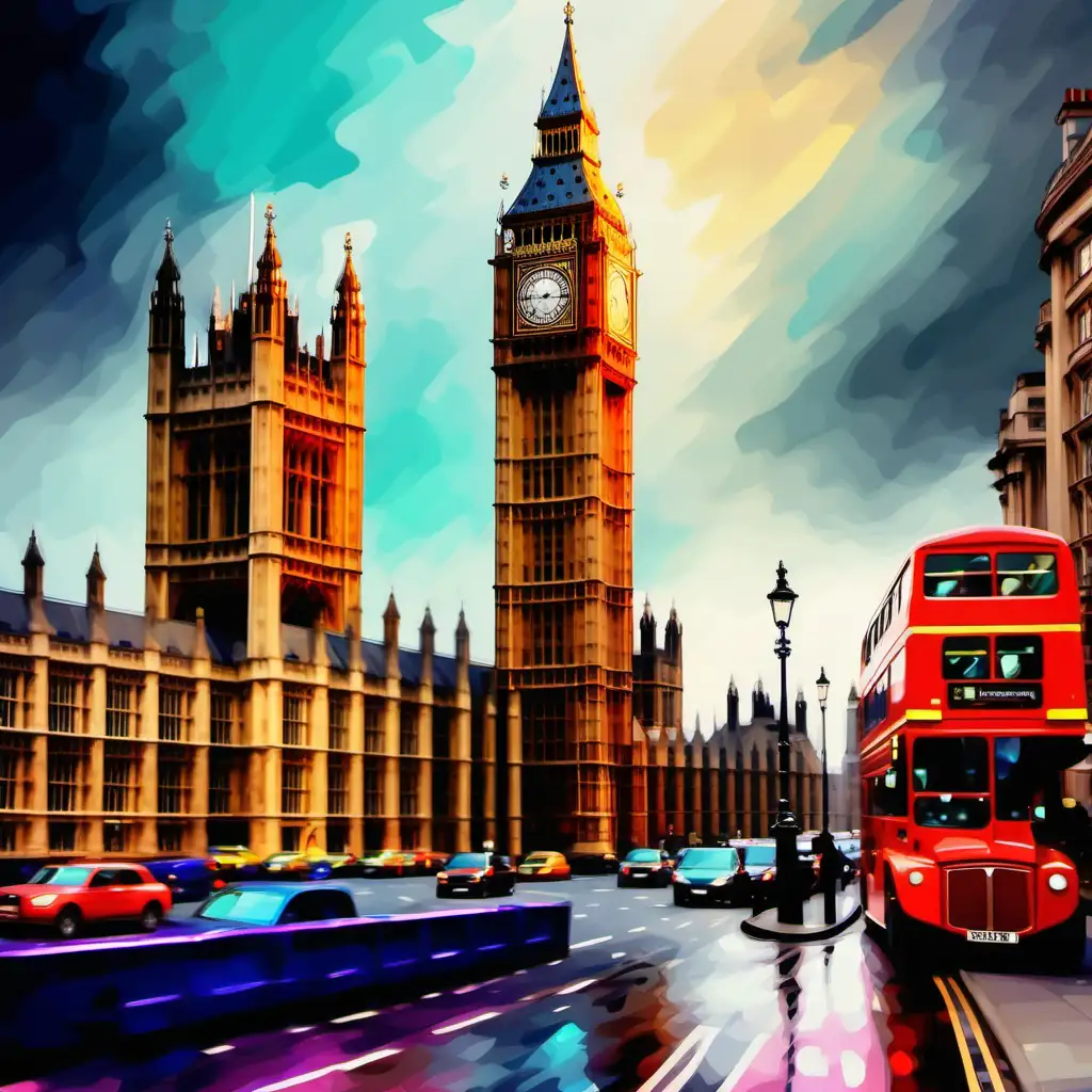 Please generate an oil painting style image of Westminster in London in a vertical 2:3 format for a poster with vibrant colors
