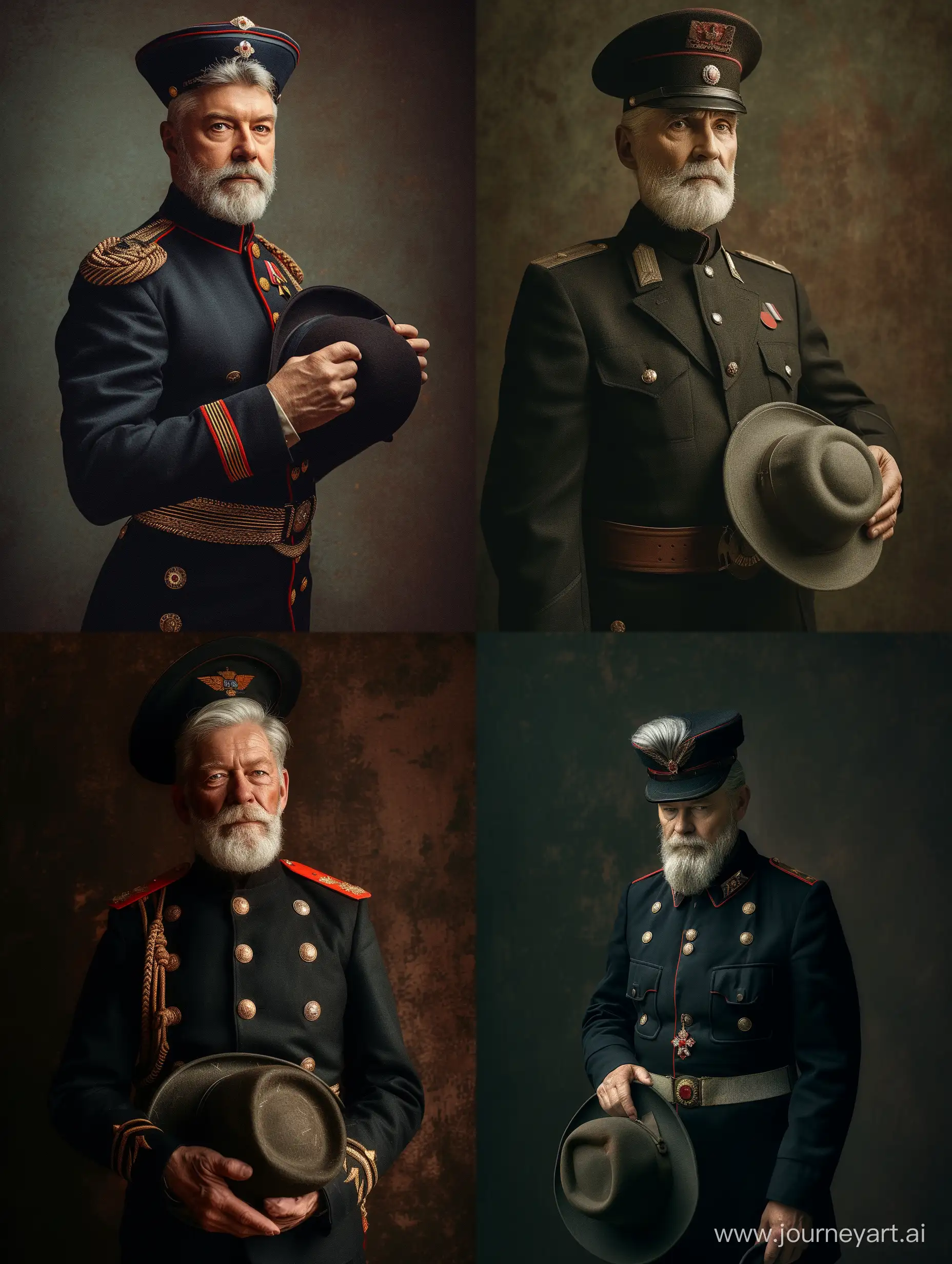 Full-length portrait a man in a military uniform holding a hat, a character portrait, by Mikhail Evstafiev, pixabay contest winner, silver hair and beard, professional studio photograph, dressed like in the 1940s, old masters light composition