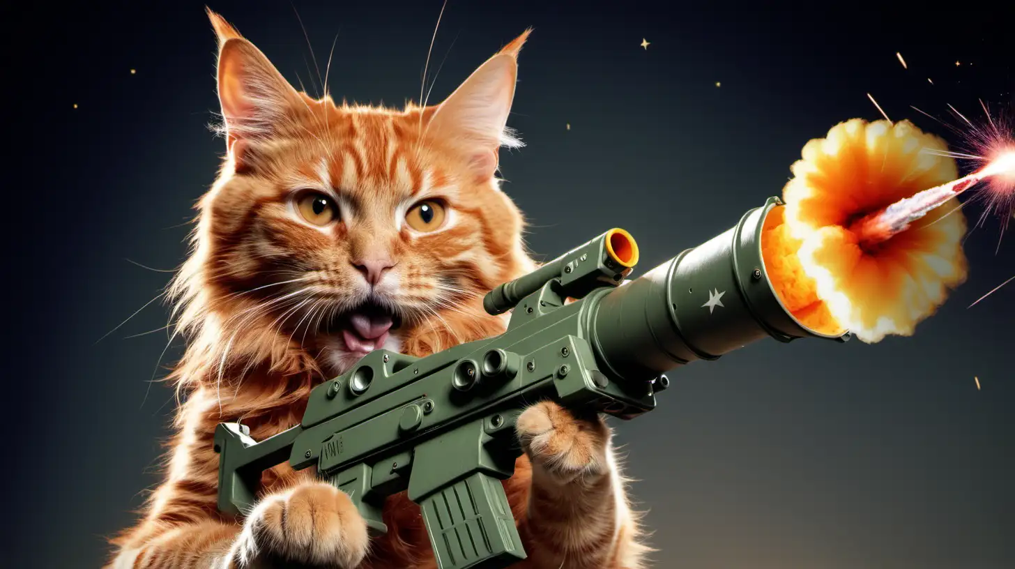 an orange cat holding a rocket launcher