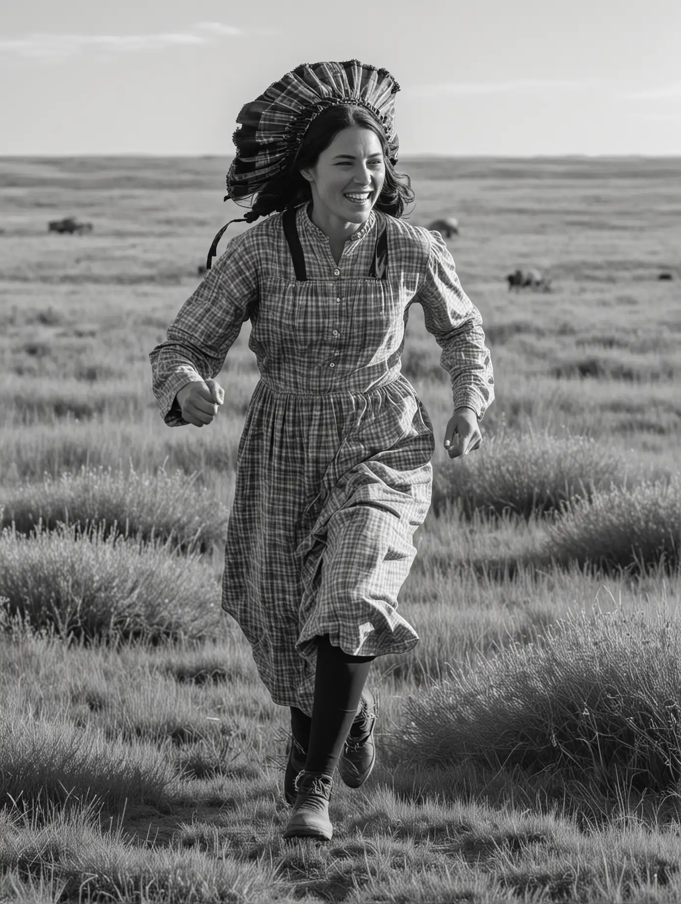 A woman runs through the prairie. She is a pioneer and wears a bonnet. There are buffalo in the background. She is seen from the side.  In black and white. 