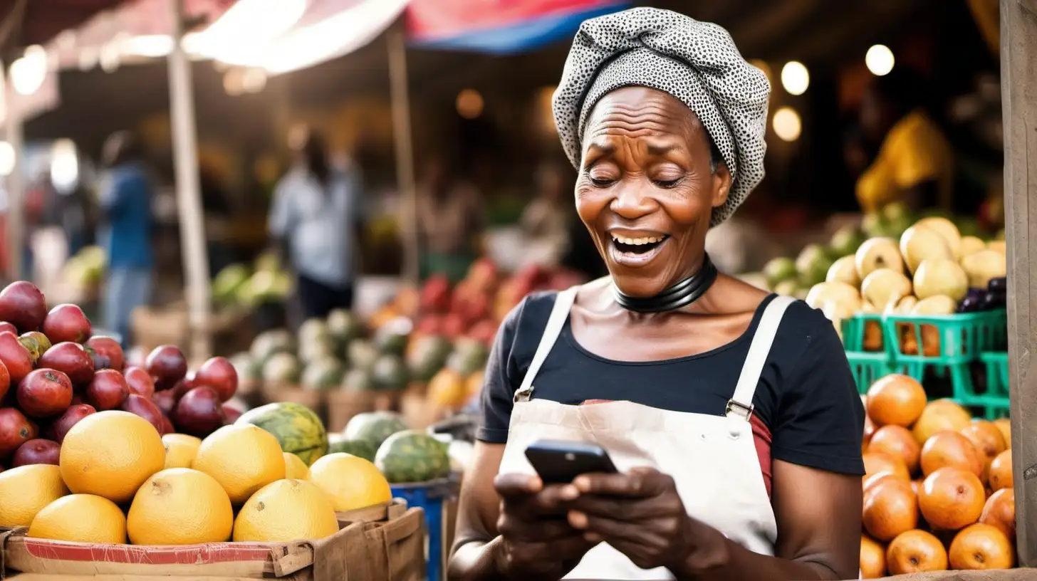 Happy African Fruit Vendor Checking Phone Messages at Market