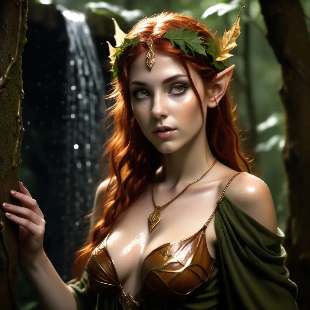 A gorgeous young druid female wood elf with a medium bust size. She has auburn hair, and large hazel eyes flecked with gold. Lightly tan skin. Hiding her breasts waterfall shower scene.