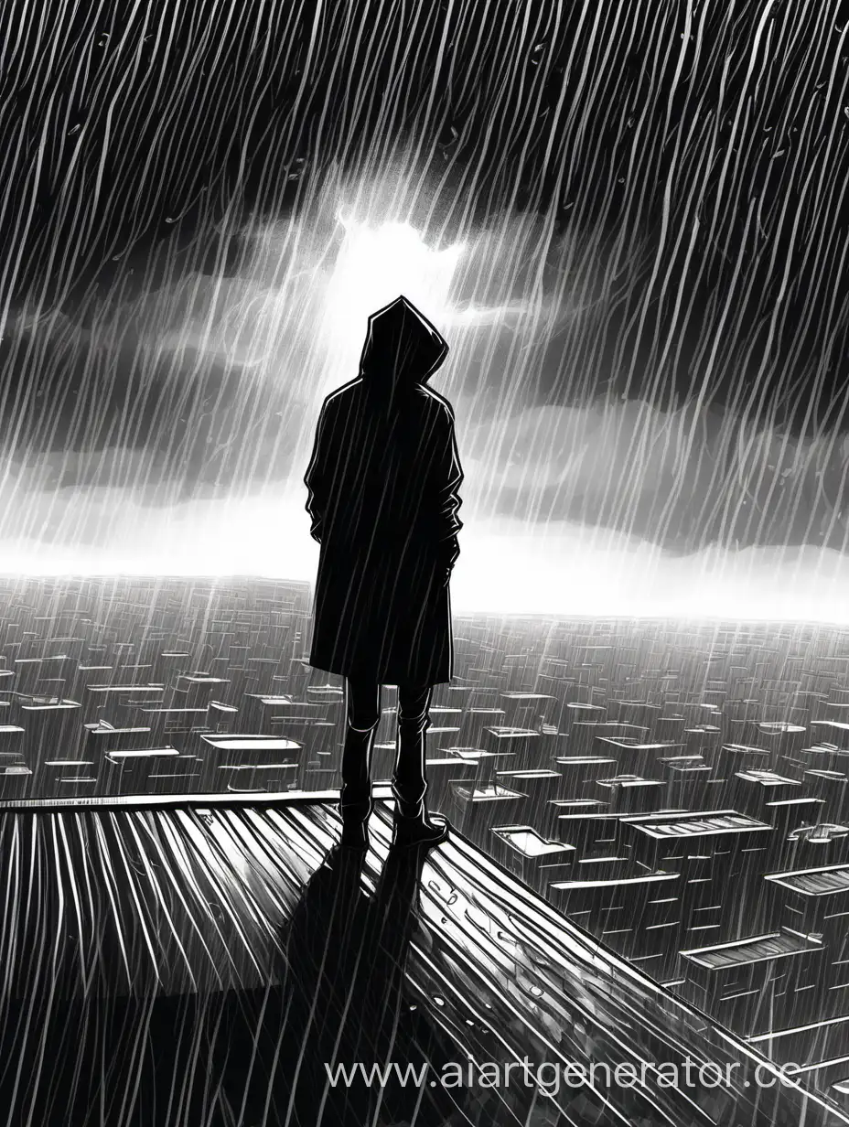 Нарисуй человека в черной одежде со спины, который стоит на крою крыше. На улице дождь и темное время суток 