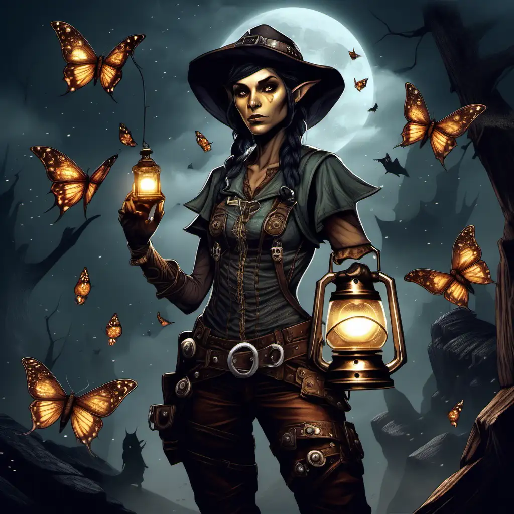 Mysterious Female Elf Miner Illuminated by Lantern and Surrounded by Moths