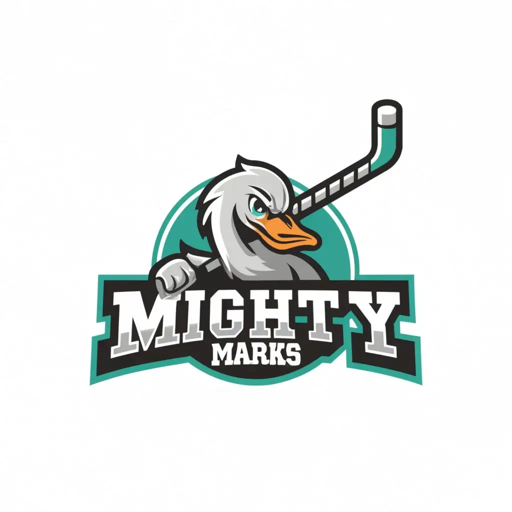 LOGO-Design-For-Mighty-Marks-Teal-Font-with-Duck-and-Hockey-Theme