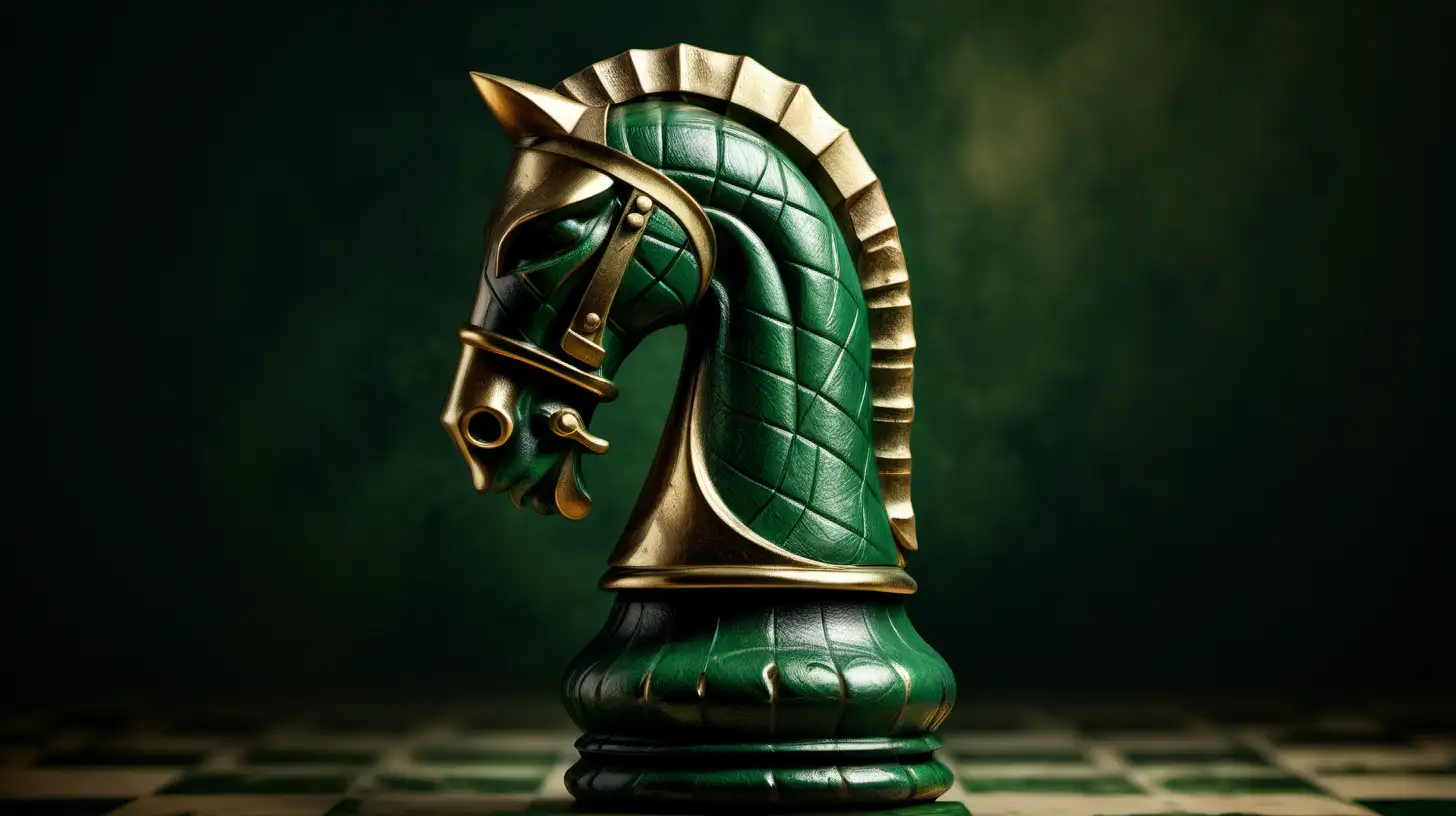 knight chess piece, dramatic green and gold textured background, photorealistic