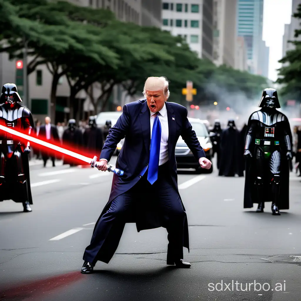 donald trump in the middle of the street wearing a suit while holding a lightsaber and fighting darth vader