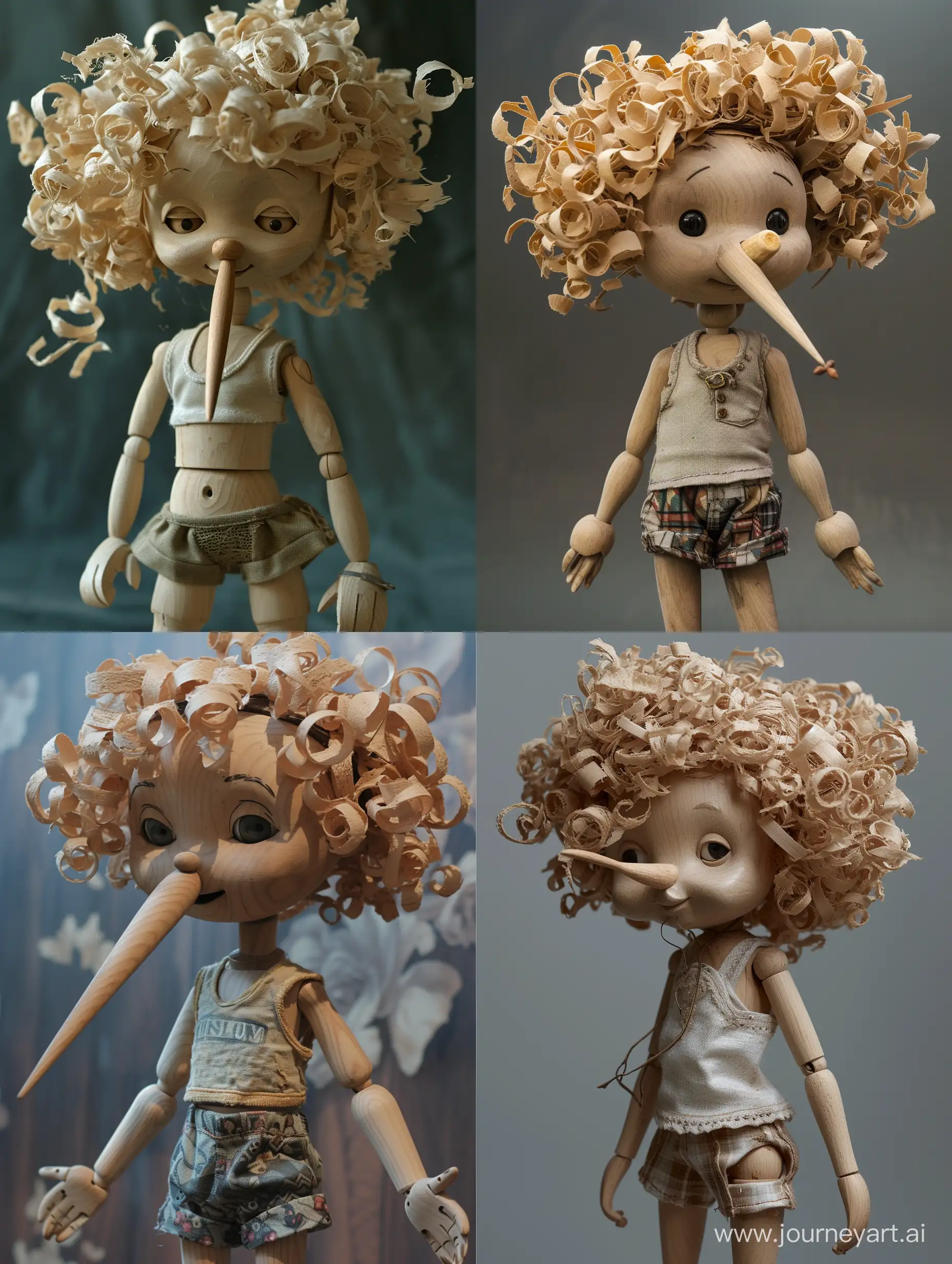 Wooden Pinocchio doll from Carlo Collodi (Le avventure di Pinocchio). Pinocchio is in character as a girl in a tank top and shorts. Pinocchio is feminine. Pinocchio-girl with a very long wooden nose like Pinocchio-boy. Curly hair made of wood shavings 
