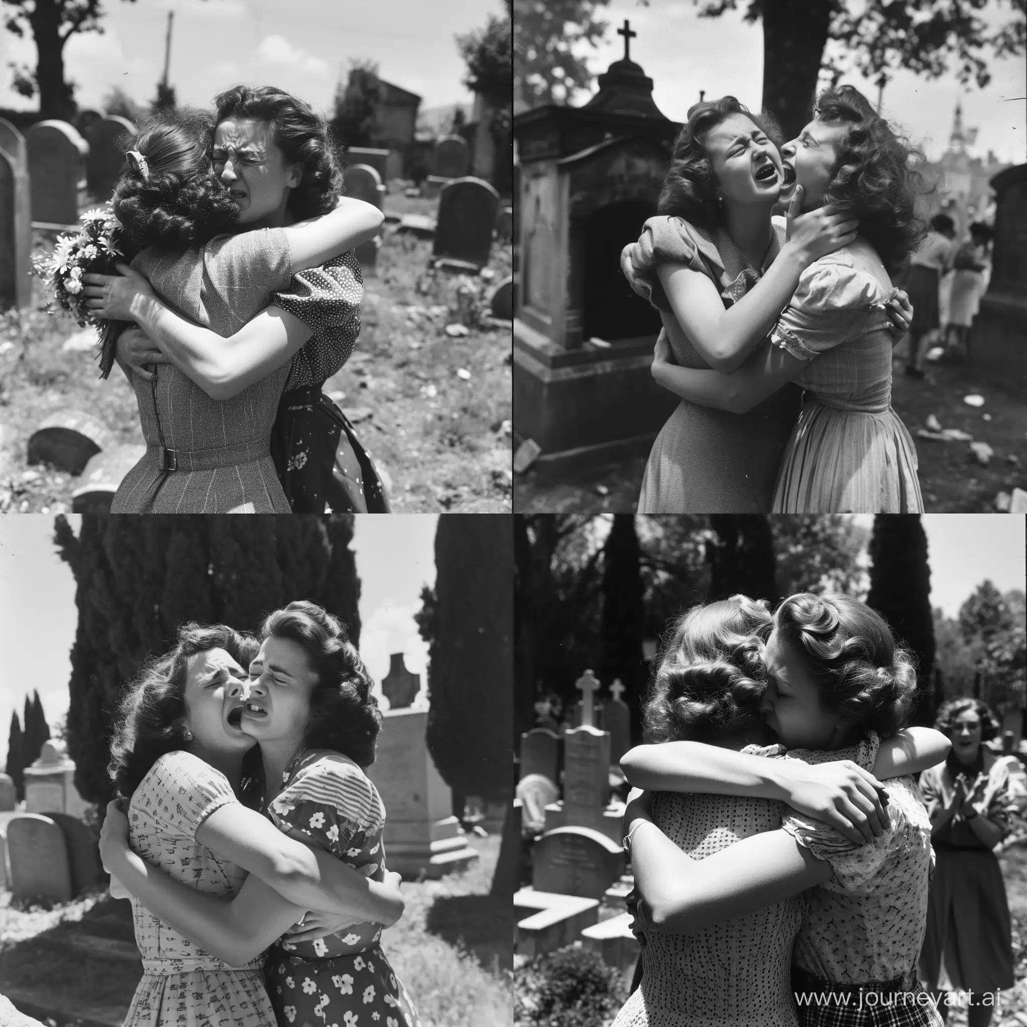 All Girls Friends Lesbian european french and short sleeves puffy sleeves compression 1950s Photo hug crying wail cemetery