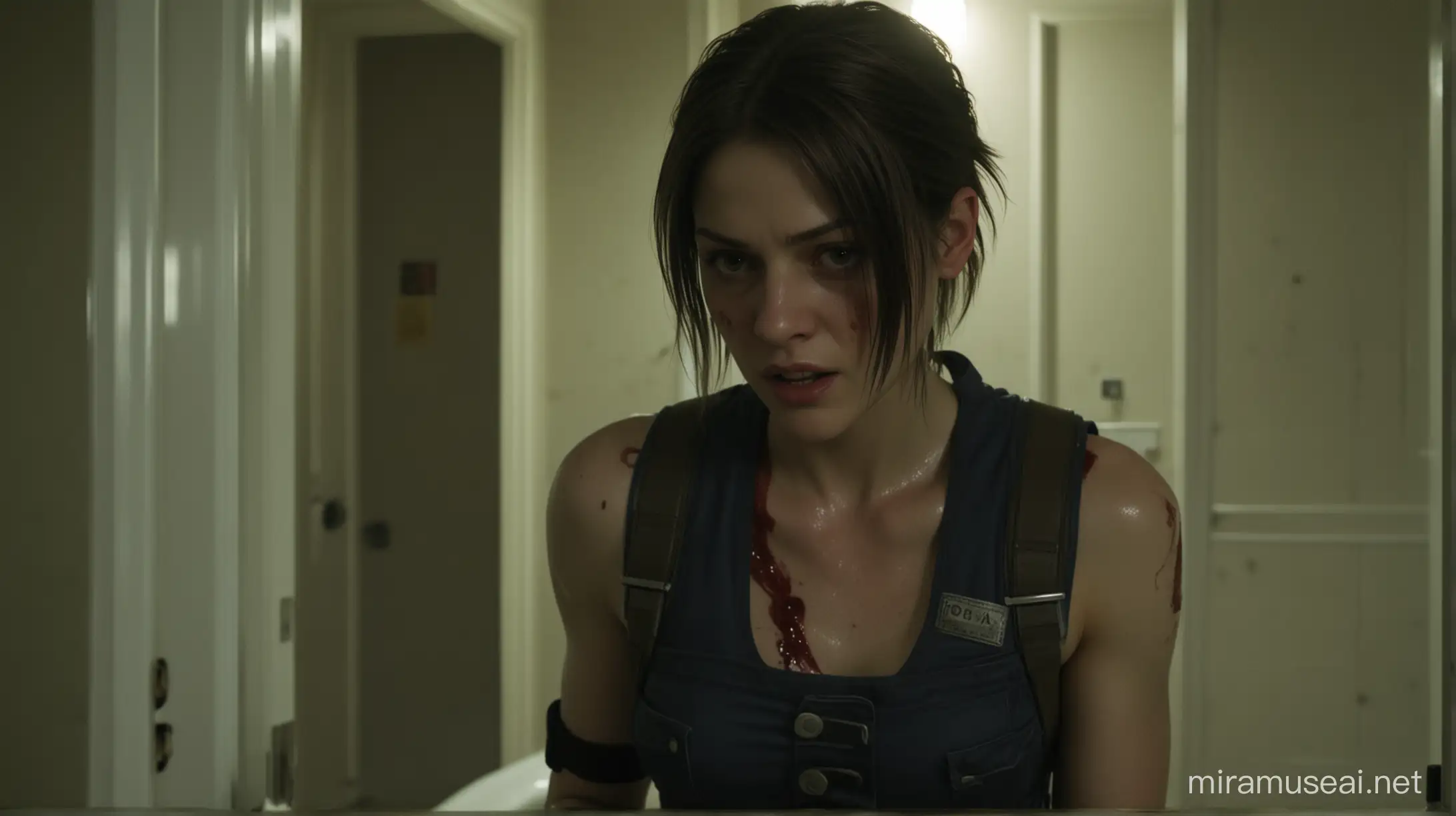Survivor Reflections Jill Valentines Wounded Gaze in a Dark Resident Evil Bathroom