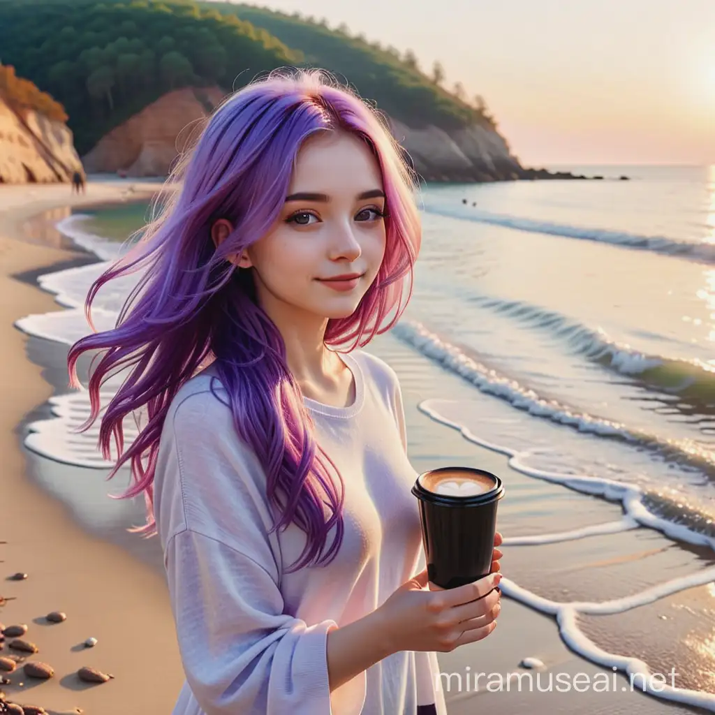 A girl with waving purple hair walking along the seashore and drinking coffee, early morning, sunny, warmth