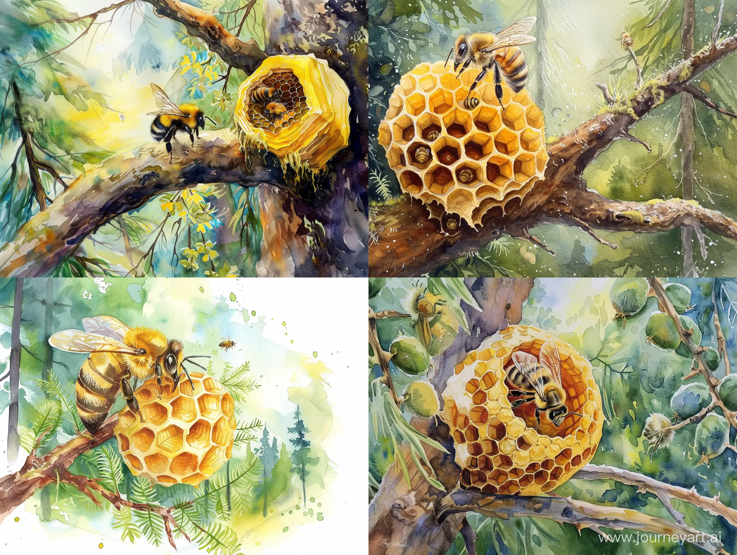 улей на ветке дерева в лесу вокруг пчелы  в технике акварель 