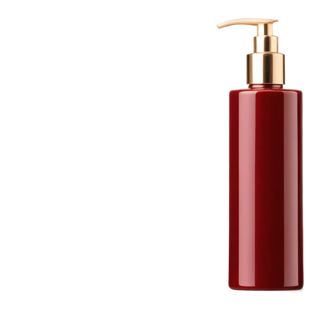 shampoo bottle in a very shiny, dark red very glossy color, with gold metallic cap, without any lebel on, in the image the bottle stands on the left side on a smooth ceramic tile of cream color, the light falls directly, high quality photo, creates a feeling of luxury, peace, pleasure.