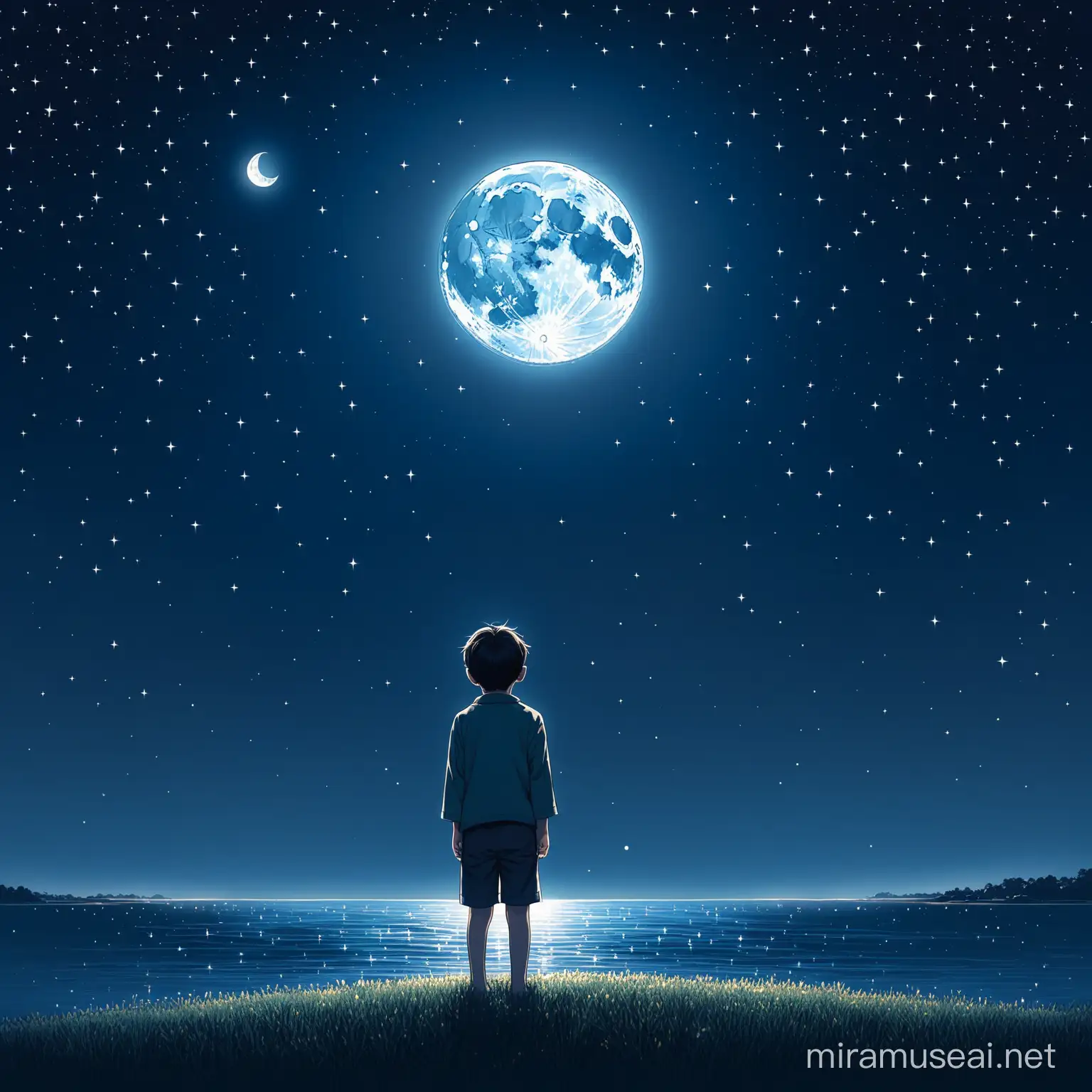 Curious Boy Gazing at the Moon in Wonder