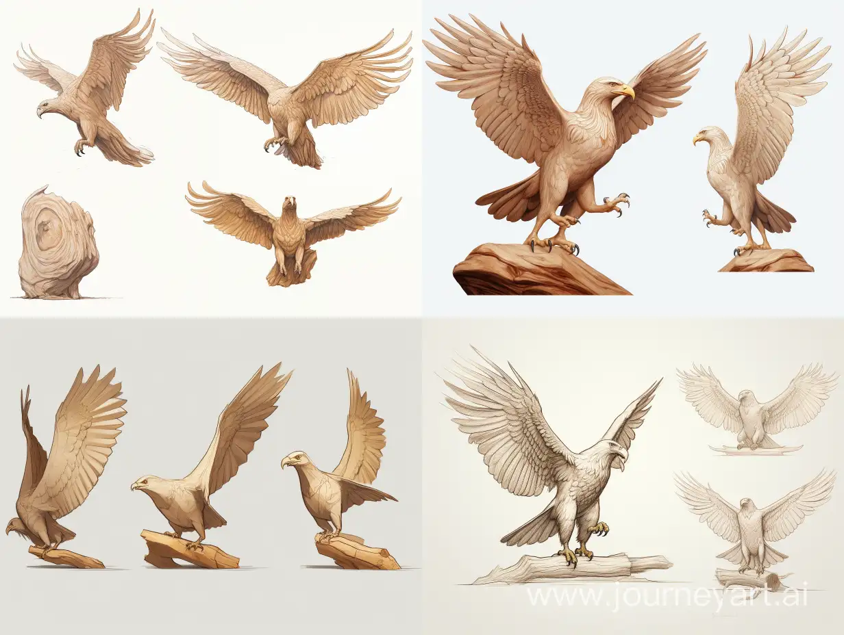 professional sketch for wooden sculpture, full-sized eagle flying through the air, wood carving in the style of Nick Bibbi, dynamic Characters, elegant pose, front back view and side view, wood carving, step-by-step drawing, Artstation, highly complete detailed, making of, white background, 8k Render, ultra realistic